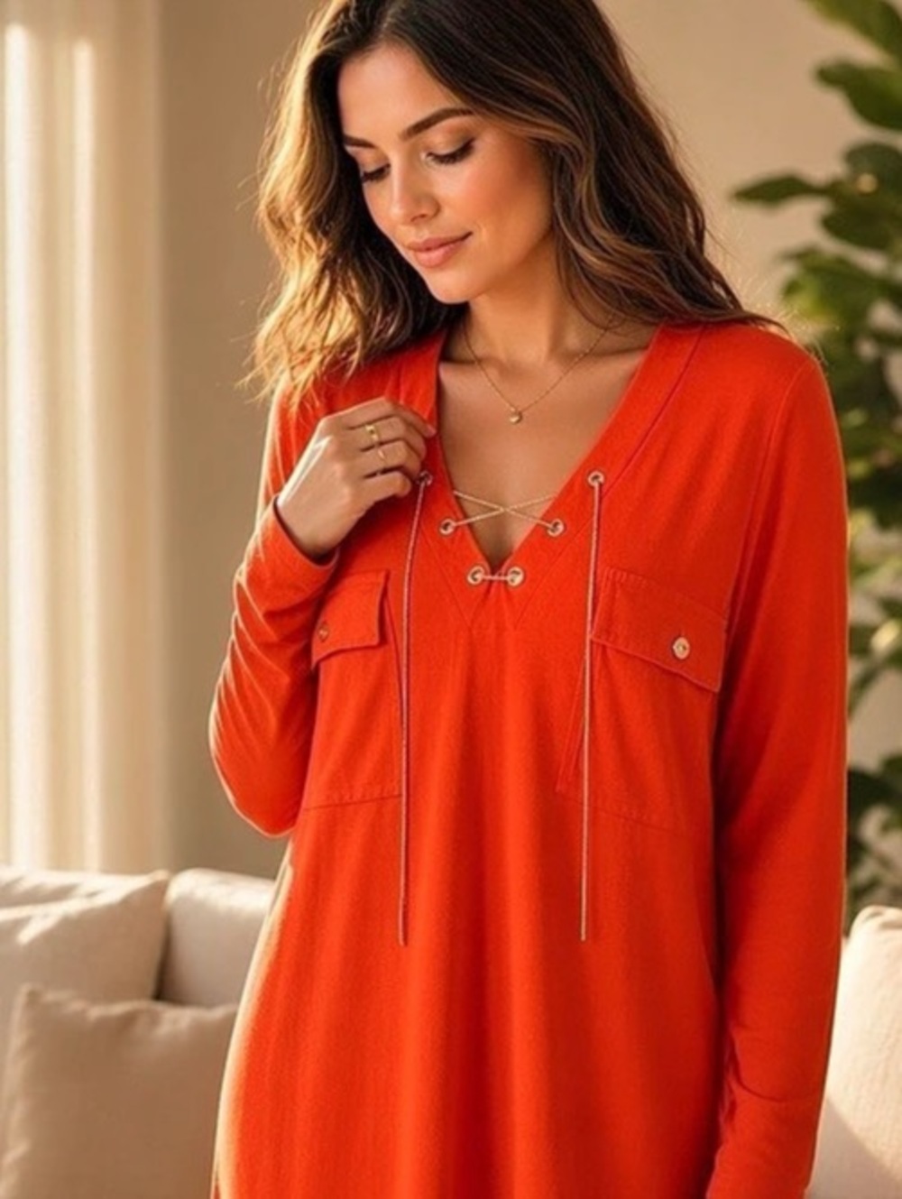 MICHAEL Michael Kors Long Sleeve Utility Shirt Dress Orange/Red L
